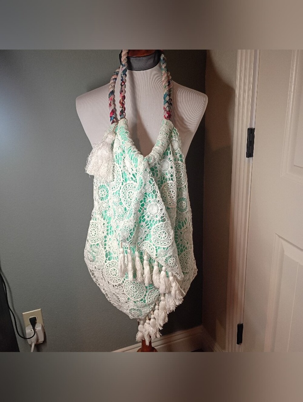6 Shore Road bag by Pooja Crochet Lace Tassel Beach Tote in Mint & White New